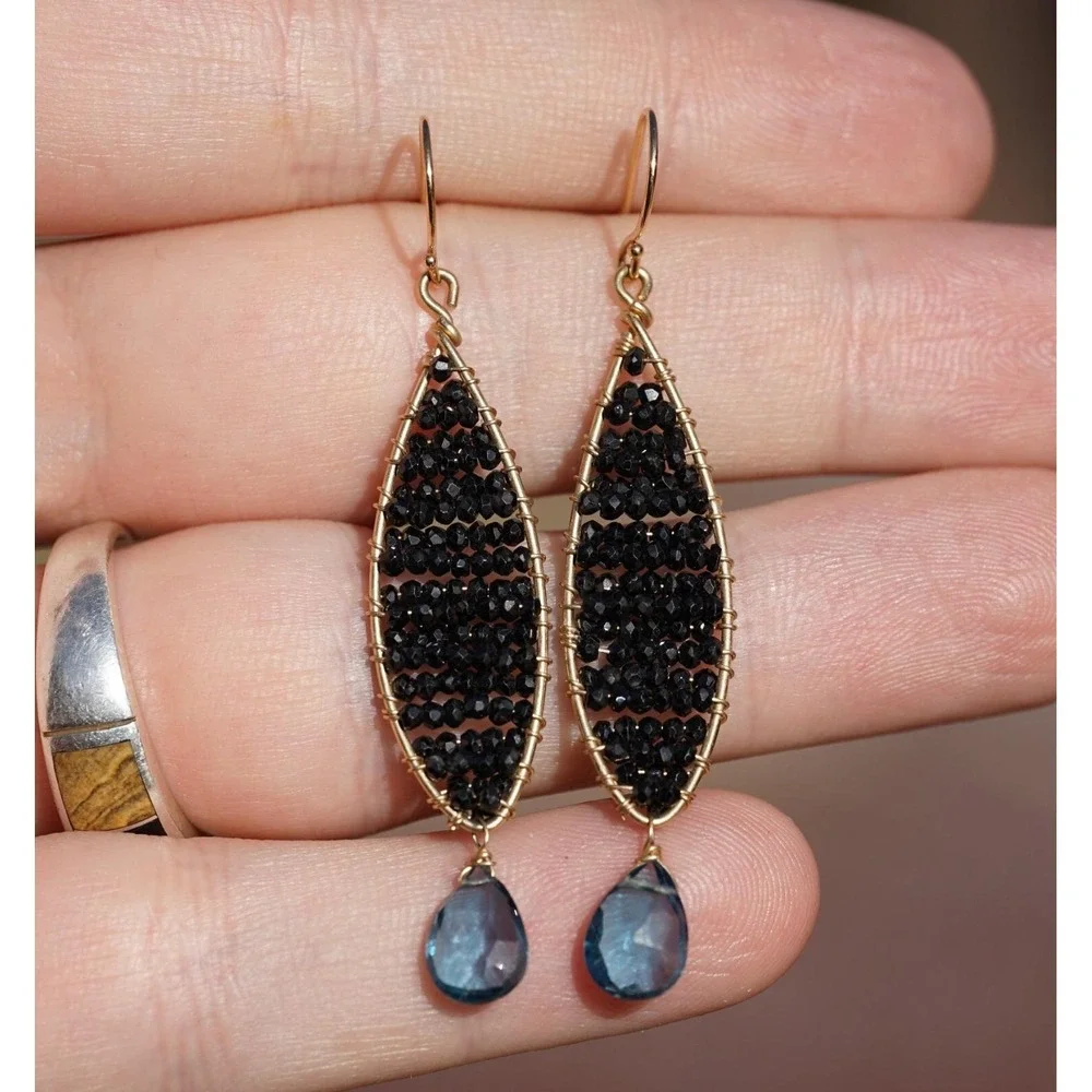 Mabel Chong Designer 14k Solid Gold Black Spinel Blue Topaz Dangle Earrings